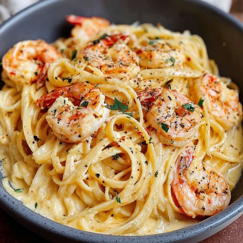 A bowl of spaghetti with shrimp and cheese.