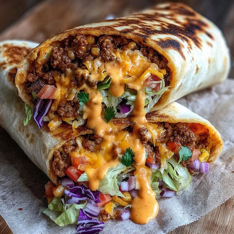 A burrito with a cheese sauce drizzled on top.