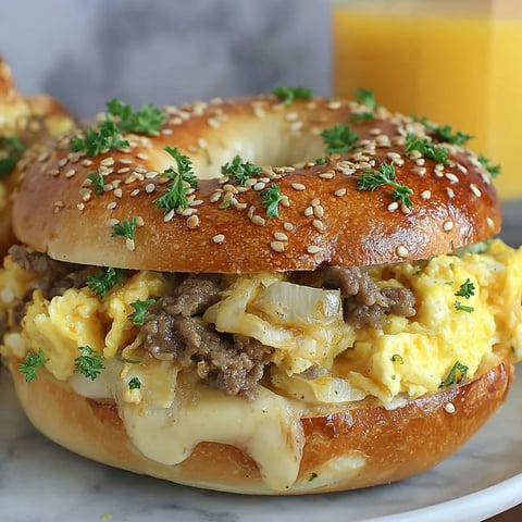 A sandwich with eggs, meat, and cheese.