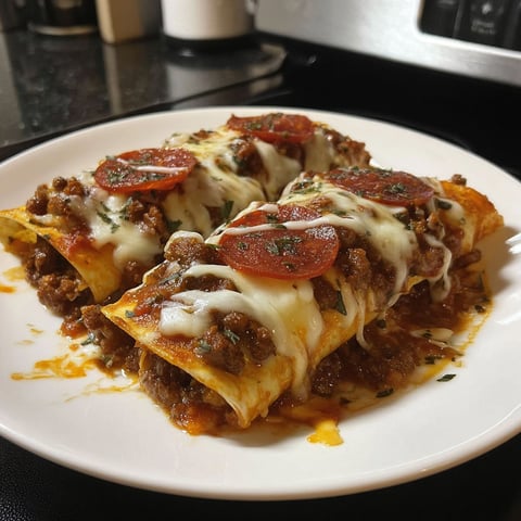 A plate of food with pepperoni and cheese on it.