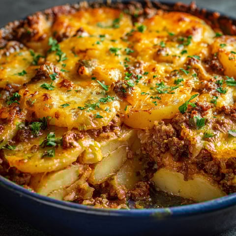 A delicious cheesy ground beef and potatoes dish.