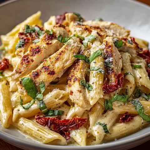 A plate of chicken and pasta.