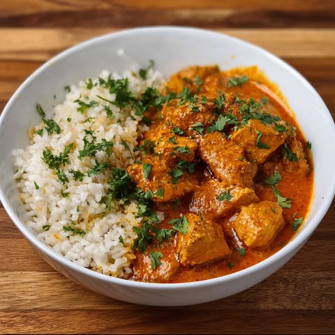 A bowl of rice and butter chicken.