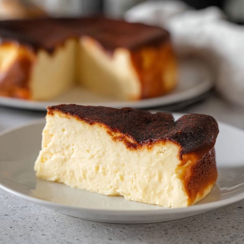 A slice of burnt Basque cheesecake on a plate.