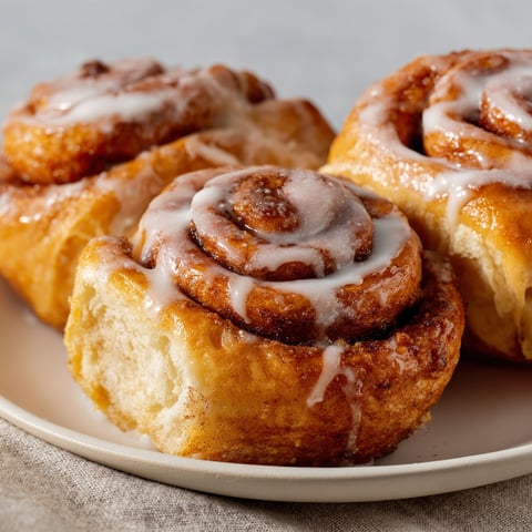 Three rolls of cinnamon rolls on a plate.