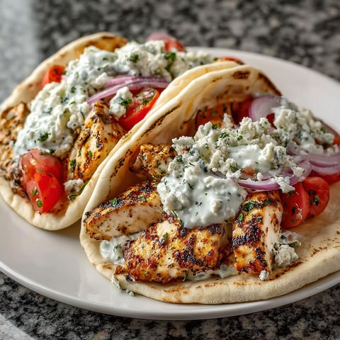 A plate of grilled chicken with blue cheese and tomatoes.