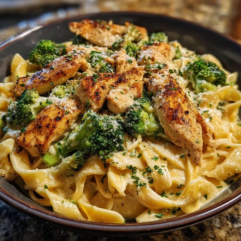 A bowl of chicken and broccoli pasta alfredo.