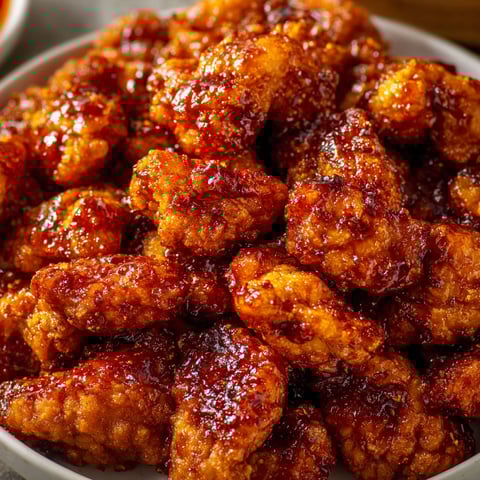 A bowl of orange chicken with sauce.