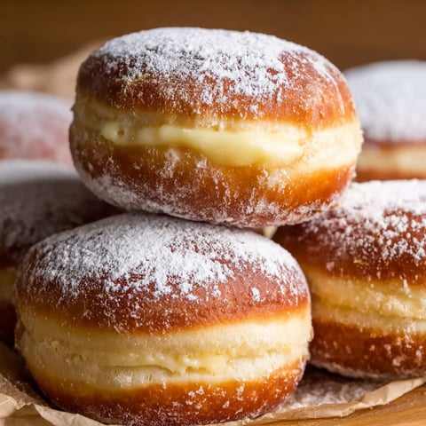 A stack of vanilla cream-filled donuts.