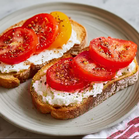 Two pieces of toast with tomatoes and ricotta cheese.