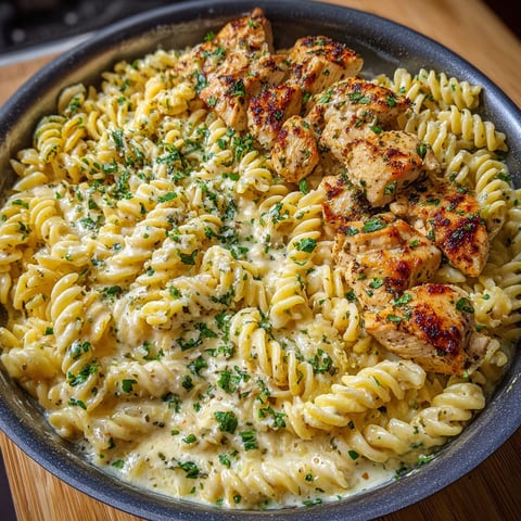 A plate of creamy garlic butter chicken and rotini in parmesan sauce.