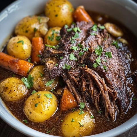 A slow cooker pot roast with carrots and potatoes.