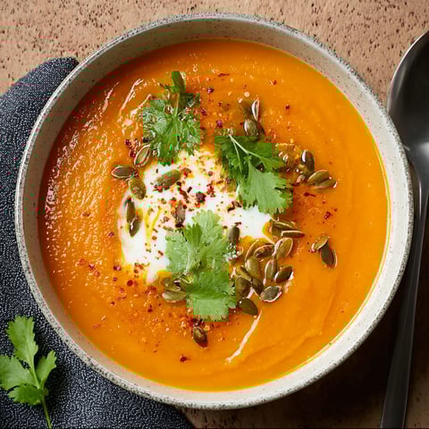 A bowl of spiced sweet potato and carrot soup.