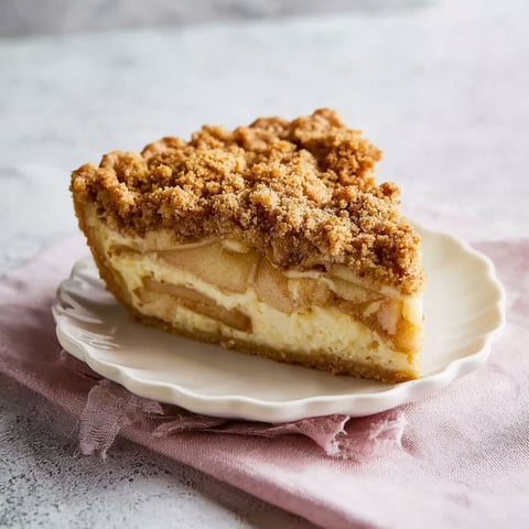 A slice of apple pie with a crumbly topping.