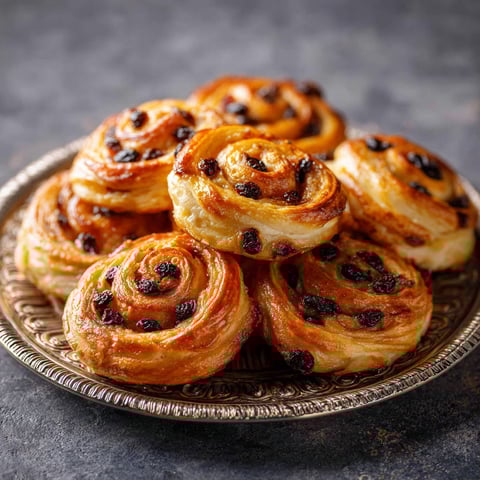 A plate of pastries with chocolate and rum-soaked raisins.