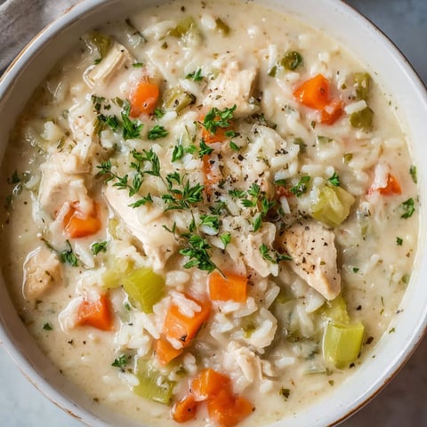 A bowl of creamy chicken and rice soup.