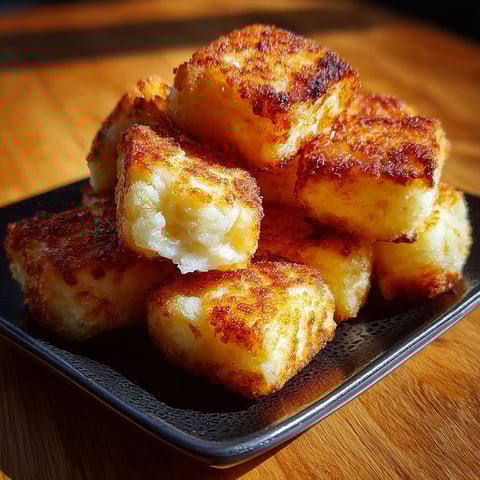 A stack of Kartoffelpüree-Käse-Puffs on a plate.