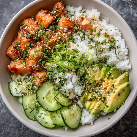 A bowl of food with rice, chicken, and cucumbers.