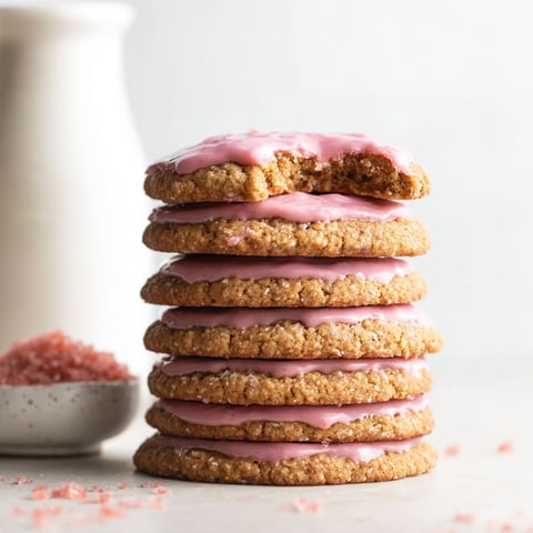 A stack of cookies with pink frosting.