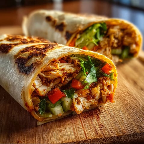 Two sweet chili chicken wraps on a wooden table.