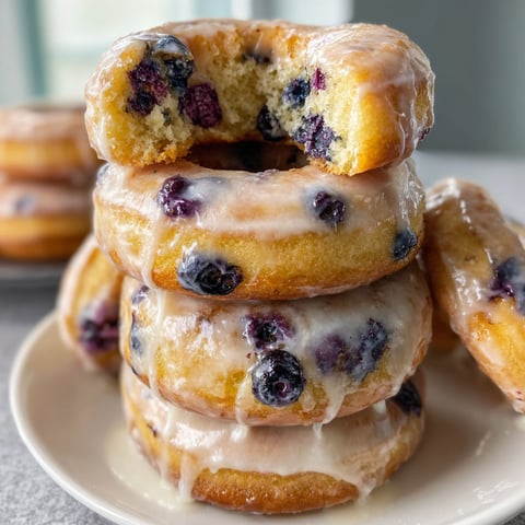 A stack of glazed blueberry donuts.