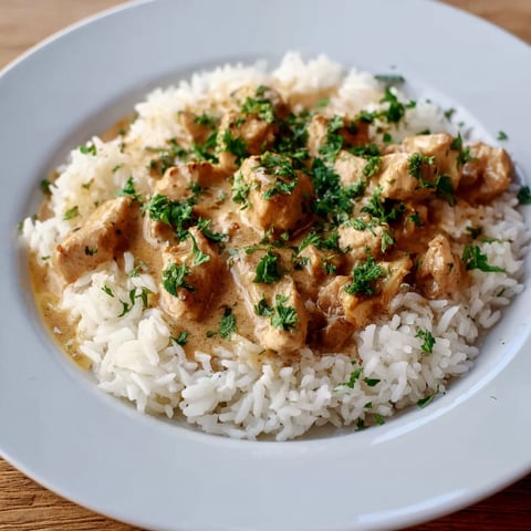 A plate of rice with meat and sauce.