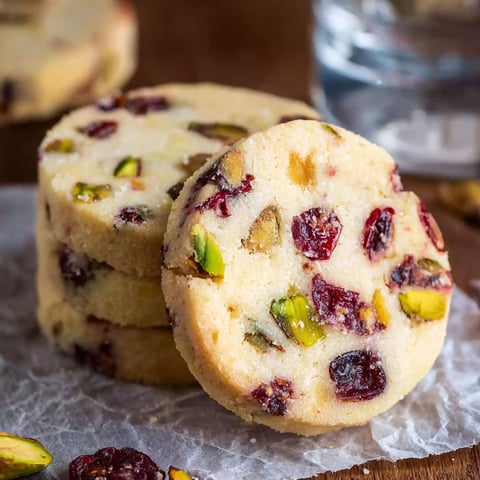 A stack of cranberry-pistachio shortbread cookies.
