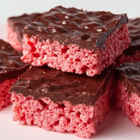 A close up of a chocolate and pink Rice Krispies treat.