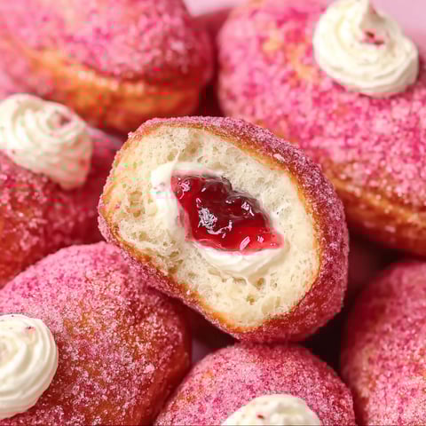 A pink doughnut with a strawberry in the middle.