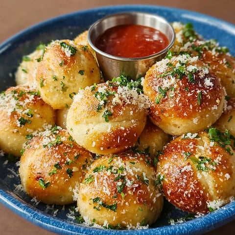 A plate of Parmesan bread bites with a dipping sauce.