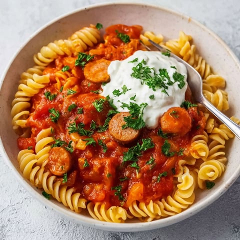 A bowl of pasta with a sausage on top.