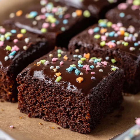 A chocolate cake with sprinkles on a plate.