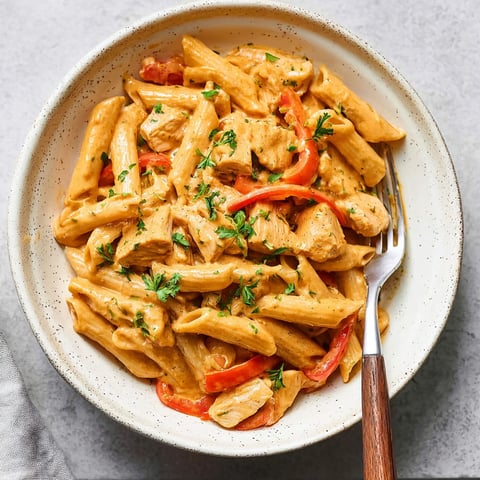 A bowl of pasta with chicken and peppers.