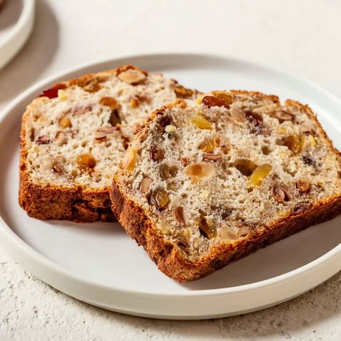 Two slices of peach pecan bread on a white plate.