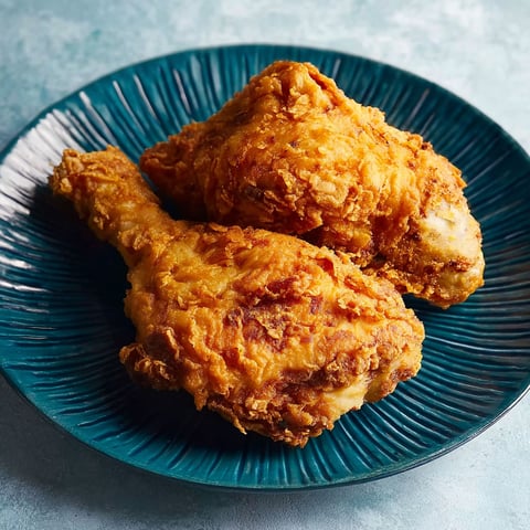 Two pieces of fried chicken on a blue plate.