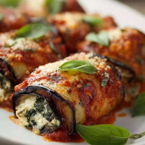 A plate of food with aubergine rolls.