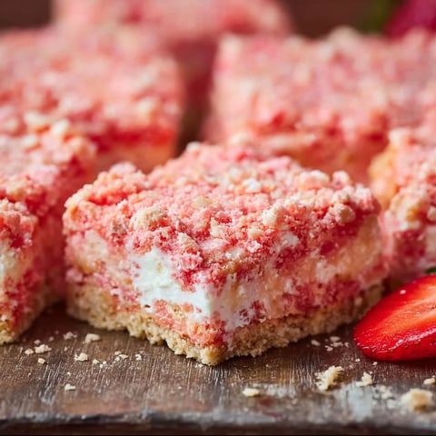 A close up of a piece of strawberry crunch brownies.