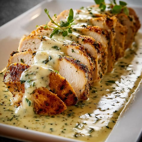 A plate of chicken with cream sauce.