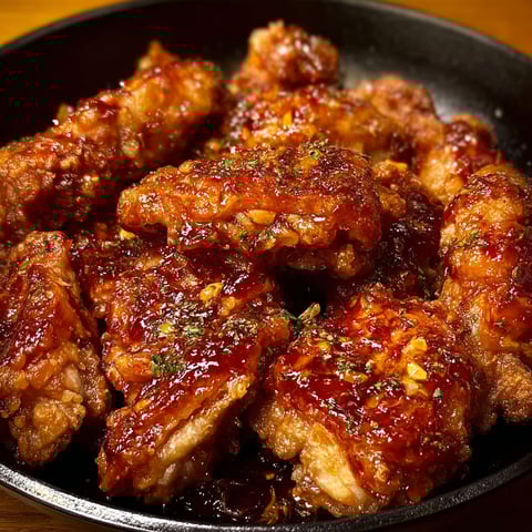 A bowl of honey garlic chicken bites.