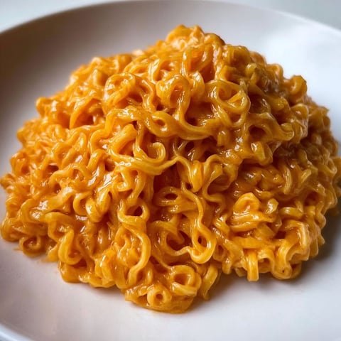 A plate of spicy ramen noodles.