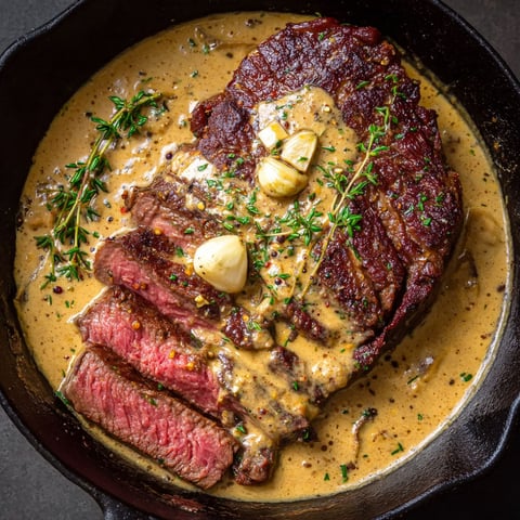 A close up of a steak in a pan with a creamy sauce.