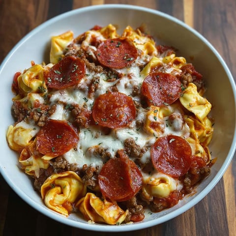 A bowl of cheesy pizza tortellini.