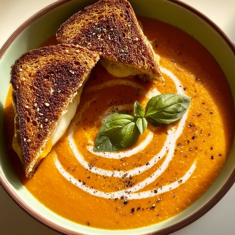 A bowl of soup with a sandwich on top.