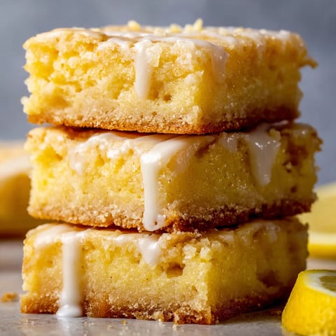 Three pieces of lemon brownies stacked on top of each other.