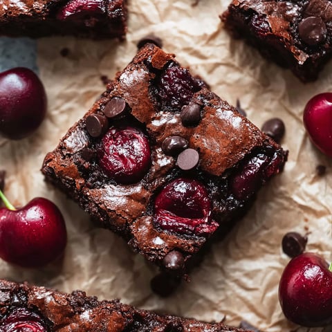 A square piece of chocolate cake with cherries on top.