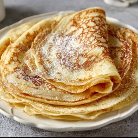A plate of pancakes with powdered sugar on top.