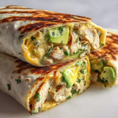 A burrito with chicken and avocado.