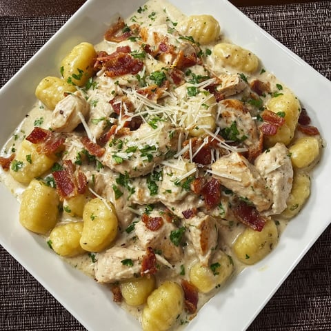 A plate of food with chicken and gnocchi.