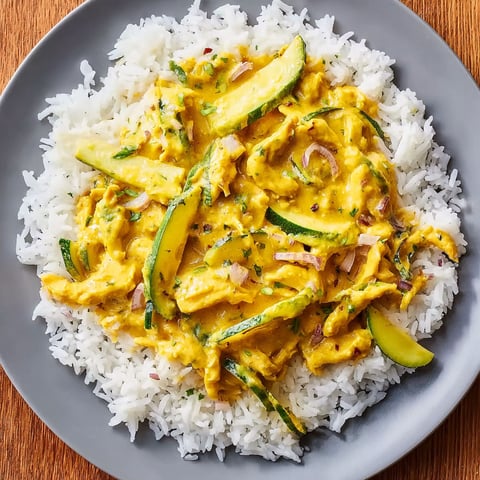 A plate of rice with chicken curry and vegetables.