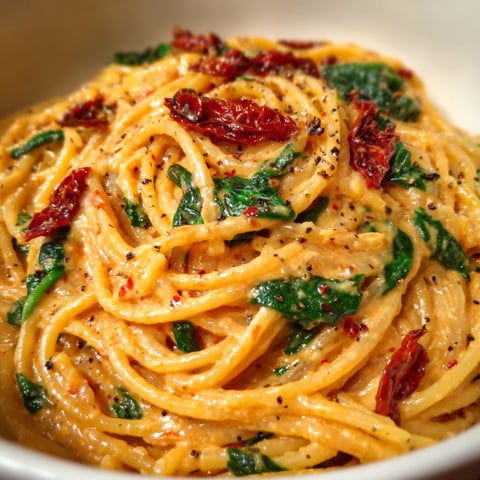 A bowl of spaghetti with spinach and tomatoes in a creamy sauce.